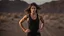 Placeholder: beautiful slender caucasian female technician, black tank top, angry, running, well toned muscles, weathered face, scratched sand camo metal details, short brunette wavy bob haircut, dystopian, desert scene with smoke and explosions,