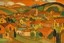 Placeholder: An orange colored suburban town with different shaped buildings painted by Paul Gauguin