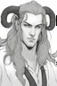 Placeholder: A dnd character portrait, a tiefling man with long hair and two big black horns, white eyes and pale skin. Handsome. Young.