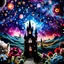 Placeholder: Detailed people, creepy castle made of felt, stars, galaxy and planets, sun, volumetric light flowers, naïve, strong texture, extreme detail, Max Ernst, decal, rich moody colors, sparkles, Harry Potter, bokeh, odd