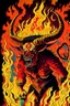 Placeholder: Vintage illustration of a demonic and magical brutal and angry bull made of red flames and fire, savage and obstreperous nature, Tsuguyuki Kubo art, Topcraft, vintage storybook illustration style, ornamental, fantasy folk art, psychedelic theme, inspires by 80s Japanese anime, early Studio Ghibli, fantasy animation