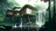 Placeholder: modern house by a big water falls in a karstic montain rain forest, idea en construccion in the style of mucha