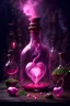 Placeholder: An elixir full of energy in a jeweled potion bottle in a dark wizards room. realistic heart in a jar. glowing. high resolution. pink potion. flowy smoke. love potion. sparks around the potion. mysterious. roots and vines and herbs in potion