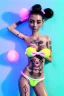 Placeholder: Ultra Realistic image, woman with muppet bikini dress, portrait, normal complexion, natural small busty, traditional big Japanese tattoo, two muppet bows hair ,black eye long liner, inflatable, gold pink and blue style, spray line glow make up, geometric led jewelry, fog, hot, inflatable style latex coat, vibrant color, highly detailed, art stations, concept art, smooth, unreal engine 5, god rays, ray tracing, RTX, lumen lighting, ultra detail, volumetric lighting.