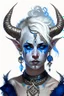 Placeholder: A young tiefling woman with a set of ram horns on her head encrusted with jewels, White-Blonde, short hair, black eyes, dressed in white and blue with lots of jewelry, beautiful, tattoos on her neck