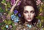 Placeholder: brunette woman in coloured glass gress set with gemstones, glittering metal stems and gemstone leaves in a flowergarden sharp focus elegant extremely detailed intricate very attractive beautiful dynamic lighting fantastic view crisp quality exquisite detail in the sunshine gems and jewels