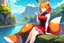 Placeholder: Girl, fox ears, one big fox tail, orange hair, red skirt, river, fox foot , sit on the shore, fox face