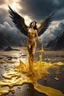 Placeholder: A hyper-realistic photo, beautiful fallen angel disintegrating into gold dripping ink and slime::1 ink dropping in water, molten lava,4 hyperrealism, intricate and ultra-realistic details, cinematic dramatic light, cinematic film,Otherworldly dramatic stormy sky and empty desert in the background 64K, hyperrealistic, vivid colors, , 4K ultra detail, , real photo, Realistic Elements, Captured In Infinite Ultra-High-Definition Image Quality And Rendering, Hyperrealism, real world, in real life, re