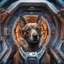 Placeholder: portrait of decisive dog space station commander in the style of giger, spray paint, photo realism, trending on art station, 8k, depth of field, down light, light rays, volumetric, white hall in spaceship, blue, brown and orange