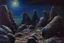 Placeholder: Rocks, night, 2000's sci-fi movies influence, ludwig dettman impressionism painting