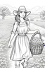 Placeholder: B/W outline art,coloring book page, full white, super detailed illustration for adult,cartoon style "Beautiful Country Girl: Little Girl in a Rural Hat Carrying a Basket of flower" coloring pages, crisp line, line art, high resolution,cartoon style, smooth, law details, no shading, no fill, white background, clean line art,law background details, Sketch style, strong and clean outline, strong and black outline