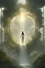 Placeholder: Desolate post-Apocalyptic urban setting with a huge portal being generated in mid air. The border of the portal is made of a wispy translucent white and golden lacy light with geometric fractal patterns. Inside of the portal, a peaceful lush forest setting with a waterfall can be seen distinctly juxtaposed with the dismal setting outside of the beautiful portal
