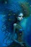 Placeholder: A beautiful girl and a colorful peacock hair with long curly hair , full body , front view . decayed and rotting with grotesque proportions and imagery. grotesqueries, detailed texture, surreal horror, biomechanical design, by hr giger and beksinski , on blue color