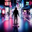 Placeholder: photo of a ninja riding a skateboard; in an alternate universe in tokyo; cyberpunk; realistic; rain; neon signs