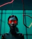 Placeholder: Ultra realistic photographic night portrait, cinematic, <Asian woman> <hanging wires> many wires coming out of the head <perfect pupil> <cyborg arm> <garage> <wide angle Shot> <sci-fi futuristic> <thriller>, neon lights, color fog, soft color, highly detailed, unreal engine 5, ray tracing, RTX, lumen lighting, ultra detail, volumetric lighting, high definition.