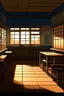 Placeholder: Japanese classroom back wall, anime style, blackboard. There is a window on the right. soft light