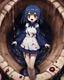 Placeholder: Anime girl with big eyes, darkblue and sepia tones, fullbody, slime, the perspective looking up from the bottom of an empty well, rolling eyes, tongue out, blood drip, open mouth,