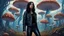 Placeholder: woman with black hair, in leather trousers and jacket, walking through Alien mushrooms with jellyfish tentacles in an alien forest, photorealistic, Deep Colour, Intricate Detail, sunshine, blue sky