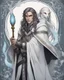 Placeholder: a young High Elf frost Wizard with long wiry hair, wearing a black trimmed white nobleman's robe and frost ornaments on clothes, with a small weasel on his shoulder