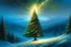 Placeholder: an oil painting of a Christmas tree on a snowy mountainside. The tree has sparkling coloured lights
