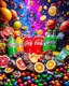 Placeholder: An image filled with Fanta, Coca-Cola, Sprite, chocolate, fruit juices, various fruits, fruit slices, various chocolates from global brands, M&M chocolate, chips, snacks, and chewing gum in a psychedelic, colorful, and eye-catching space.