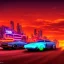 Placeholder: art deco, cyberpunk, two neon muscle cars, race, desert road, sunset, full colour, hd,