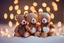 Placeholder: cute teddy bears holding hearts covered in sparkling gold glitter, beautiful winter composition, snowflakes, pine branches, Christmas ornaments and glowing Christmas lights