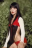 Placeholder: full color Portrait of 18-year-old Lenna Nimoy, with long, straight black hair, the bangs cut straight across the forehead, with a red leather bikini on - well-lit, UHD, 1080p, professional quality, 35mm photograph by Scott Kendall