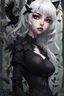 Placeholder: CAT GIRL, goth, forest, nature, cartoon, leaves, half black half white hair, boobs, ravens