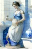 Placeholder: A woman in an ancient Roman dress pours water from an amphora into a pot in a blue and white bathroom, by Jean-Baptiste Monge, watercolour and ink, highly detailed, award winning, crisp quality in sunshine