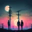 Placeholder: power line structures background, silhouettes of two androids in the foreground facing each other with an arm stretched out against a giant glowing full moon, neon glow, photolayer painterly styles, double exposure, dramatic, moody, romantic, by Pascal Campion and Petros Afshar, vaporwave