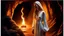 Placeholder: a sad woman with brown braided hair in profile in a scary cave, holding a flame in her palm in a white vintage long-sleeved nightgown, the inside of the cave is illuminated by the flame with yellow light,, close shot, detailed, high realistic, perfect photo, dramatic, dark fantasy