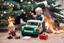 Placeholder: A crying toddler takes a burning car out of a LEGO box marked Land Rover next to the Christmas tree.