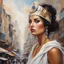 Placeholder: [Part of the series by Marcelle Ferron] In a bustling city, a woman resembling Athena emerges, exuding wisdom and strength.