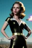 Placeholder: retro portrait image from 1960, explosion background, wind, long hair, young Scarlett Johansson, classic black tight lycra suit, metal stick weapon, gold bracelet and belt, high heel boots, soft color, highly detailed, unreal engine 5, ray tracing, RTX, lumen lighting, ultra detail, volumetric lighting, 3d, finely drawn, high definition, high resolution.