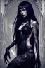 Placeholder: a crepy stunning mystic woman with dark purple-black long hair and black tattoos on her body, a cold, indifferent expression, silver and black onyx jewelry, black lace dress, crepy stunning anthropomorphic female, theral human, ancient deity, by Vincent Lefevre and Yoshitaka Amano, stunning 3d woman , dark fantasy style, thriller