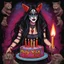 Placeholder: metalhead woman long dark hair in KISS face paint and heavy metal tour T-shirt carrying gothic chocolate birthday cake, text "MAM", candles, by Wes Benscoter and Greg Rutkowski, digital art, colorful, quirky, KISS cat makeup