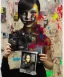 Placeholder: happy beautiful girl holding big proffesional camera in studio. street art, oil on canvas, spray paint, collage, letters, newspapeers, Dave McKean, Vladimir Fedotko, Saturno Butto, Vaughn Bodé, Frank Wu, James C. Christensen, collage, dirty, paint dripping, radiant