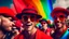 Placeholder: many men wearing red hats enjoy the pride parade