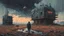 Placeholder: Strange surreal world, techno gothic bar, cyberpunk renaissance, Science fiction painting, Denis Sarazhin Simon Stålenhag, Nicolas Bruno, sinister vibes, harsh survivalism, Peter Sallesen, Hamish Frater, ominous sky