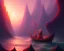 Placeholder: sango fantasy, fantasy magic, intricate, sharp focus, illustration, highly detailed, digital painting, concept art, matte, Greek mythology Charon ferryman in boat on river styx, sharp jagged rocks, red purple blue colours, red hot lava river