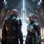 Placeholder: a bold and heroic bald male Corellian pilot in black and grey First Order special forces gear meets a female Jedi Master in ancient, mystical temple, hyperdetailed, dynamic lighting, hyperdetailed background, 8k resolution, volumetric lighting, light skin, fully symmetric details