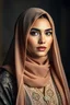 Placeholder: Cinematic photorealistic portrait of a beautiful Arabian Muslim woman in luxurious modern Islamic attire combining traditional embroidery with contemporary cuts, elegant chiffon hijab, dramatic Rembrandt-style lighting, sharp facial detail, realistic skin texture, and subtle artistic background blur, blending the grace of classical portraiture with modern fashion photography