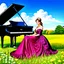 Placeholder: fullbody girl makeup wearing a victorian dress sitting to a grand piano in country side ,flowers ,pretty clouds in blue sky