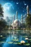 Placeholder: Wonderful islamic Mosque of a magic lake full of lotus flowers and fairytale castle in the background with sparkling white stars tiny electric blue butterflies