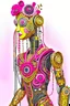 Placeholder: "AI, the Universe, and Everything"; is a pink gold metallic robot wearing a designer suit decorated with quilling found in nature such as feathers, foliage, flowers, and shells; Abstract art; Mixed Media; quilling