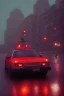 Placeholder: A 1990s car standing in front of a red traffic light, empty street, Cairo, 1990s, night time, rain, winter, movie scene Nick Harris style