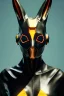 Placeholder: Medium Close Up Portrait, Front image. cyberpunk, rabbit mask, british woman, titanium hair. Latex suit army. Orange, black, color. Rocketer style. Color background, photo studio. Avatar image, highly detailed, concept art, smooth, unreal engine 5, ray tracing, RTX, lumen lighting, ultra detail, volumetric lighting, 3d, finely drawn, high definition, high resolution.