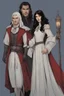 Placeholder: A couple, from the dnd game curse of Strahd. The woman has long white hair and blue eyes, the man has LONG BLACK hair and red eyes, no facial hair. He is standing protectively behind her.