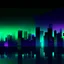 Placeholder: Digital and poly illustration of a minimalist and digital city with a dark background and gradients with light blue, light green, and purple.